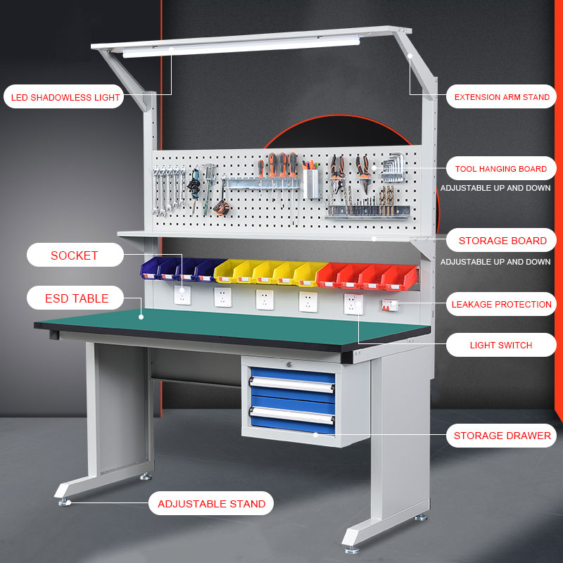 Banco de trabajo Leenol personalizado esd mesa de trabajo de laboratorio electrónico banco de trabajo de almacenamiento